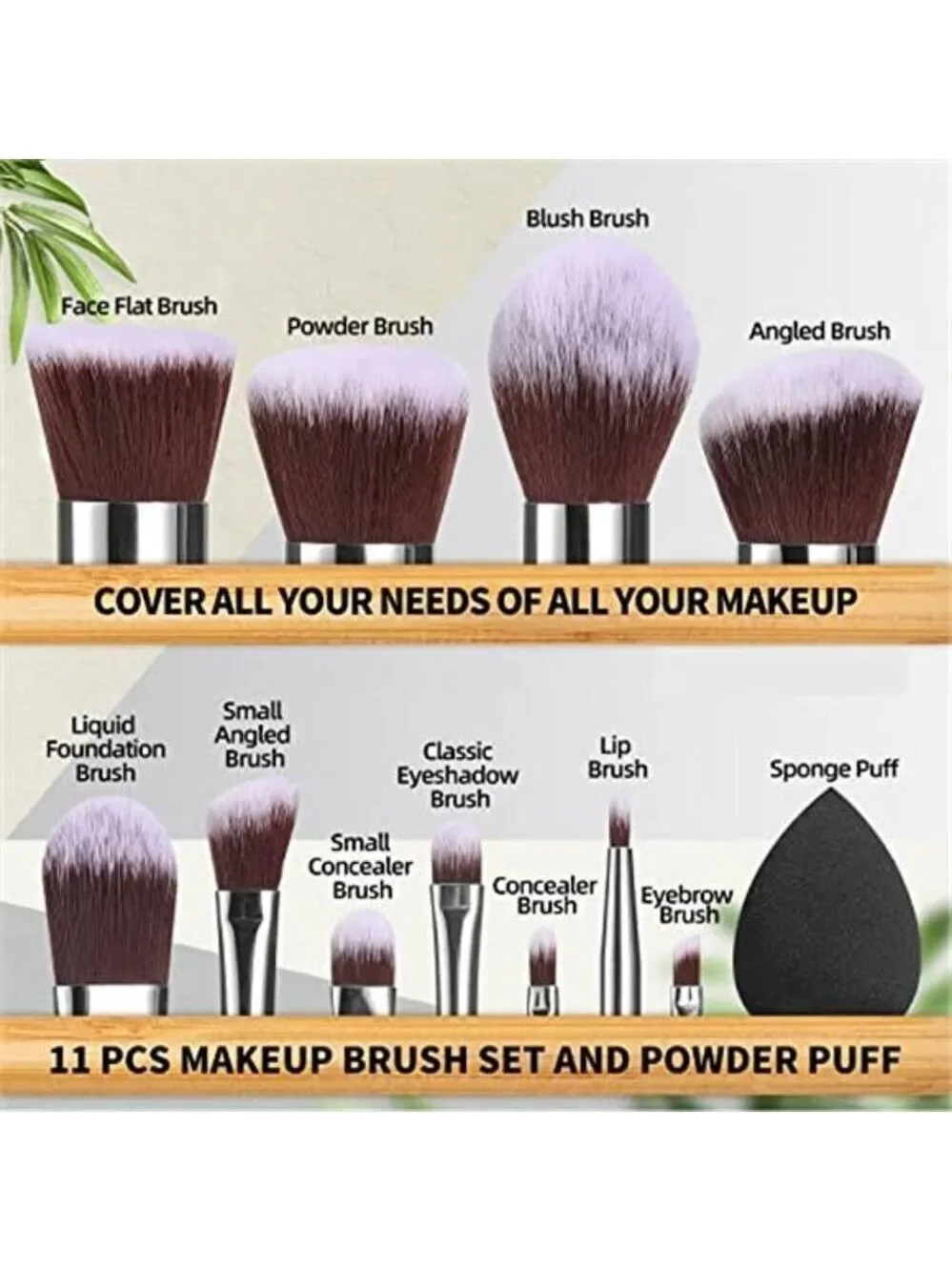 Small Makeup Brush Set 11Pcs Bamboo Synthetic Kabuki Brush Set